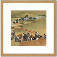 Artery8 Hokusai Cherry Blossom Viewing 8X8 Inch Square Wooden Framed Wall Art Print Picture with Mount in Light Oak