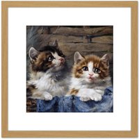 Artery8 Adam Two Kittens Basket Blue Cloth Cat Painting 8X8 Inch Square Wooden Framed Wall Art Print Picture with Mount in Light Oak