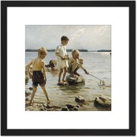 Artery8 Albert Edelfelt - Boys Playing On The Shore 8X8 Inch Square Wooden Framed Wall Art Print Picture with Mount in Black
