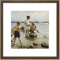 Artery8 Albert Edelfelt - Boys Playing On The Shore 8X8 Inch Square Wooden Framed Wall Art Print Picture with Mount in Brown