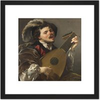 Artery8 Brugghen Man Playing Lute Painting 8X8 Inch Square Wooden Framed Wall Art Print Picture with Mount in Black