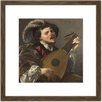 Artery8 Brugghen Man Playing Lute Painting 8X8 Inch Square Wooden Framed Wall Art Print Picture with Mount in Brown
