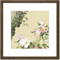 Artery8 Castiglione Paeonia Flower Plant Painting 8X8 Inch Square Wooden Framed Wall Art Print Picture with Mount in Brown