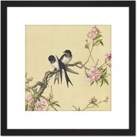 Artery8 Castiglione Peach Blossom Birds Painting 8X8 Inch Square Wooden Framed Wall Art Print Picture with Mount in Black