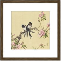Artery8 Castiglione Peach Blossom Birds Painting 8X8 Inch Square Wooden Framed Wall Art Print Picture with Mount in Brown