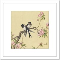 Artery8 Castiglione Peach Blossom Birds Painting 8X8 Inch Square Wooden Framed Wall Art Print Picture with Mount in White