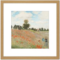 Artery8 Claude Monet Poppy Field With People 8X8 Inch Square Wooden Framed Wall Art Print Picture with Mount in Light Oak