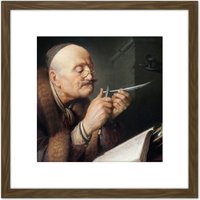 Artery8 Dou Scholar Sharpening Quill Pen Painting 8X8 Inch Square Wooden Framed Wall Art Print Picture with Mount in Brown
