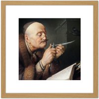 Artery8 Dou Scholar Sharpening Quill Pen Painting 8X8 Inch Square Wooden Framed Wall Art Print Picture with Mount in Light Oak