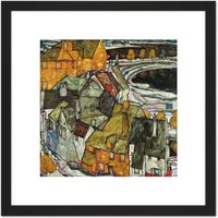 Artery8 Egon Schiele Crescent Of Houses II Island Town Cropped 8X8 Inch Square Wooden Framed Wall Art Print Picture with Mount in Black
