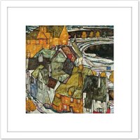 Artery8 Egon Schiele Crescent Of Houses II Island Town Cropped 8X8 Inch Square Wooden Framed Wall Art Print Picture with Mount in White