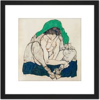 Artery8 Egon Schiele Crouching Woman With Green Headscarf 8X8 Inch Square Wooden Framed Wall Art Print Picture with Mount in Black