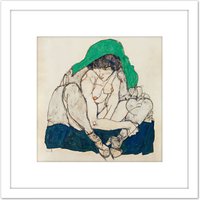 Artery8 Egon Schiele Crouching Woman With Green Headscarf 8X8 Inch Square Wooden Framed Wall Art Print Picture with Mount in White