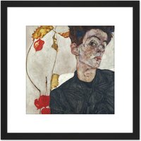 Artery8 Egon Schiele Self Portrait With Physalis 8X8 Inch Square Wooden Framed Wall Art Print Picture with Mount in Black
