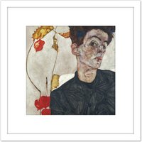 Artery8 Egon Schiele Self Portrait With Physalis 8X8 Inch Square Wooden Framed Wall Art Print Picture with Mount in White