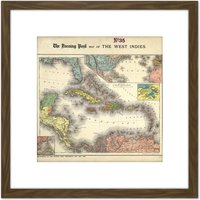 Artery8 Evening Post 1898 Political Map West Indies 8X8 Inch Square Wooden Framed Wall Art Print Picture with Mount in Brown