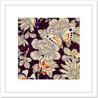 Artery8 Fabric Pattern Design Butterflies Flowers 8X8 Inch Square Wooden Framed Wall Art Print Picture with Mount in White
