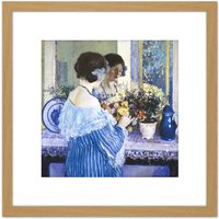 Artery8 Frieseke Blue Arranging Flowers Painting 8X8 Inch Square Wooden Framed Wall Art Print Picture with Mount in Light Oak