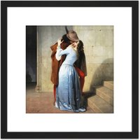 Artery8 Hayez The Kiss Romantic Painting 8X8 Inch Square Wooden Framed Wall Art Print Picture with Mount in Black