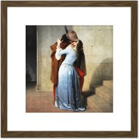 Artery8 Hayez The Kiss Romantic Painting 8X8 Inch Square Wooden Framed Wall Art Print Picture with Mount in Brown