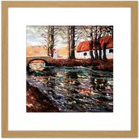 Artery8 Lawson River Landscape Bridge House Painting 8X8 Inch Square Wooden Framed Wall Art Print Picture with Mount in Light Oak