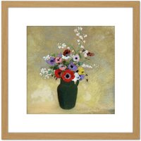 Artery8 Odilon Redon Large Green Vase With Mixed Flowers 8X8 Inch Square Wooden Framed Wall Art Print Picture with Mount in Light Oak