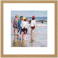 Artery8 Potthast Summer Day Brighton Beach Painting 8X8 Inch Square Wooden Framed Wall Art Print Picture with Mount in Light Oak