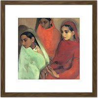 Artery8 Sher-gil Group Three Girls Painting 8X8 Inch Square Wooden Framed Wall Art Print Picture with Mount in Brown