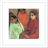 Artery8 Sher-gil Group Three Girls Painting 8X8 Inch Square Wooden Framed Wall Art Print Picture with Mount in White