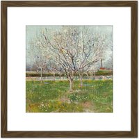 Artery8 Vincent Van Gogh Orchard In Blossom Plum Trees 8X8 Inch Square Wooden Framed Wall Art Print Picture with Mount in Brown