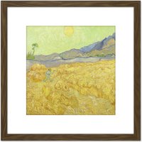 Artery8 Vincent Van Gogh Wheatfield With A Reaper 8X8 Inch Square Wooden Framed Wall Art Print Picture with Mount in Brown
