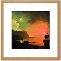 Artery8 Wright Derby Volcano Vesuvius Posillipo Painting 8X8 Inch Square Wooden Framed Wall Art Print Picture with Mount in Light Oak