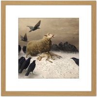 Artery8 Schenck Anguish Sheep Ewe Crows Carrion Painting 8X8 Inch Square Wooden Framed Wall Art Print Picture with Mount in Light Oak