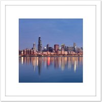 Artery8 Schwen Chicago Skyline Sunrise Reflection Panorama 8X8 Inch Square Wooden Framed Wall Art Print Picture with Mount in White