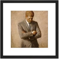 Artery8 Shikler Portrait US President John Kennedy JFK 8X8 Inch Square Wooden Framed Wall Art Print Picture with Mount in Black
