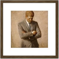 Artery8 Shikler Portrait US President John Kennedy JFK 8X8 Inch Square Wooden Framed Wall Art Print Picture with Mount in Brown