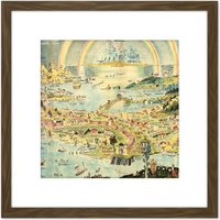 Artery8 Sleigh 1918 Pictorial Fantasy Ancient Fairyland Map 8X8 Inch Square Wooden Framed Wall Art Print Picture with Mount in Brown