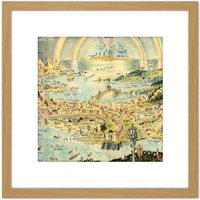 Artery8 Sleigh 1918 Pictorial Fantasy Ancient Fairyland Map 8X8 Inch Square Wooden Framed Wall Art Print Picture with Mount in Light Oak