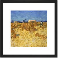 Artery8 Van Gogh Corn Harvest Provence Painting 8X8 Inch Square Wooden Framed Wall Art Print Picture with Mount in Black