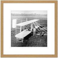 Artery8 Wright Brothers Biplane Machine Old Photo 8X8 Inch Square Wooden Framed Wall Art Print Picture with Mount in Light Oak
