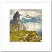 Artery8 Ximonic Panorama Mountains Segla Hesten Senja Norway 8X8 Inch Square Wooden Framed Wall Art Print Picture with Mount in White