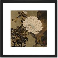 Artery8 Zeshin Peonies Flower Japan Laquer Painting 8X8 Inch Square Wooden Framed Wall Art Print Picture with Mount in Black