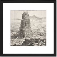 Artery8 Kircher Tower Babel Biblical Myth Engraving 8X8 Inch Square Wooden Framed Wall Art Print Picture with Mount in Black