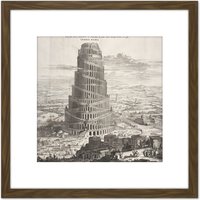 Artery8 Kircher Tower Babel Biblical Myth Engraving 8X8 Inch Square Wooden Framed Wall Art Print Picture with Mount in Brown