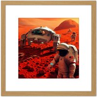 Artery8 Space NASA Humans On Mars Planet Rover Illustration 8X8 Inch Square Wooden Framed Wall Art Print Picture with Mount in Light Oak