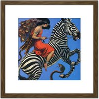 Artery8 Benda Woman Riding Zebra Snake Painting 8X8 Inch Square Wooden Framed Wall Art Print Picture with Mount in Brown
