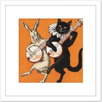 Artery8 Cat & Hare With Banjos 8X8 Inch Square Wooden Framed Wall Art Print Picture with Mount in White