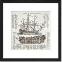 Artery8 Information Diagram Warship First Third Rate 1728 Navy Naval 8X8 Inch Square Wooden Framed Wall Art Print Picture with Mount in Black