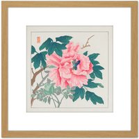 Artery8 Peony 1930s Chikuseki Flower 8X8 Inch Square Wooden Framed Wall Art Print Picture with Mount in Light Oak