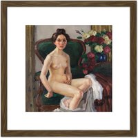 Artery8 Putz Nude Female On The Sofa Expressionist Painting 8X8 Inch Square Wooden Framed Wall Art Print Picture with Mount in Brown